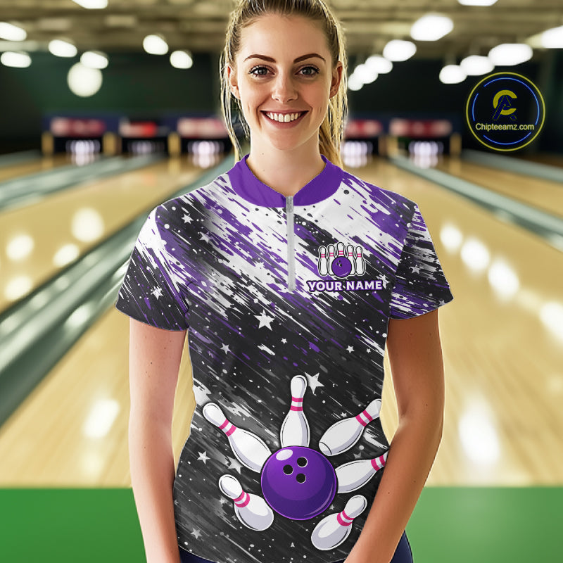 Personalized Grunge Bowling Shirt For Women Custom Bowling Polo & 1/4 Zip, Bowling Uniform |Purple TDM6274