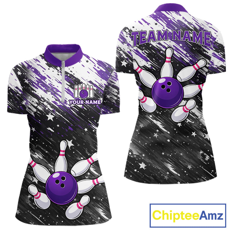 Personalized Grunge Bowling Shirt For Women Custom Bowling Polo & 1/4 Zip, Bowling Uniform |Purple TDM6274