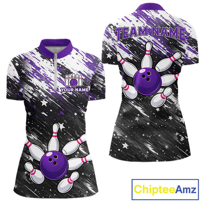 Personalized Grunge Bowling Shirt For Women Custom Bowling Polo & 1/4 Zip, Bowling Uniform |Purple TDM6274