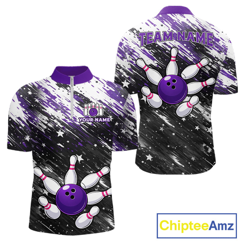 Personalized Grunge Bowling Shirt For Men Custom Bowling Polo & 1/4 Zip, Bowling Uniform |Purple TDM6274