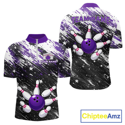 Personalized Grunge Bowling Shirt For Men Custom Bowling Polo & 1/4 Zip, Bowling Uniform |Purple TDM6274