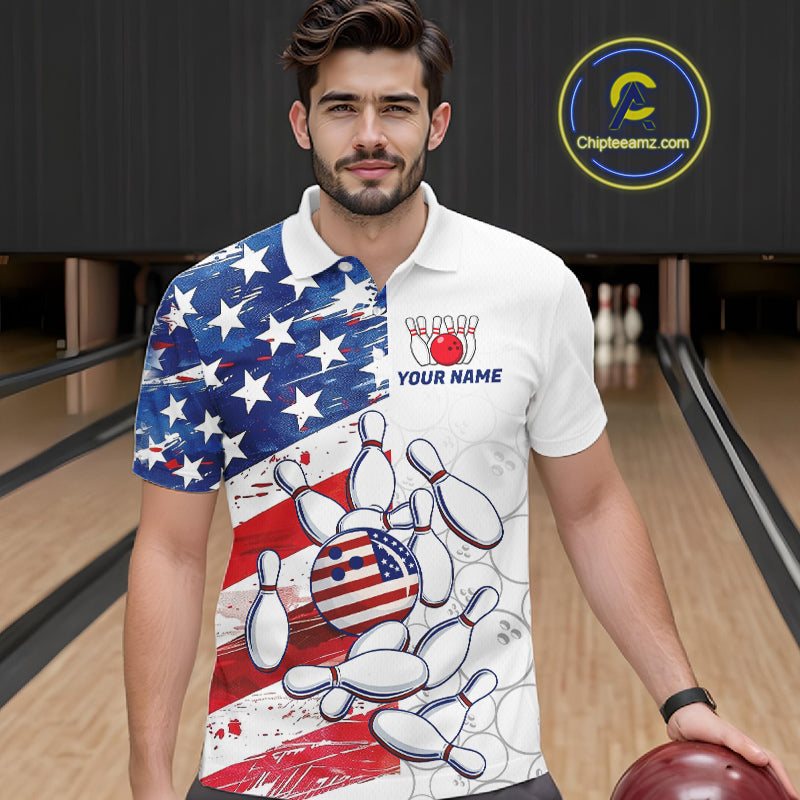American Flag Patriotic Bowling Shirt For Men Custom Bowling Polo & Quarter Zip Team Shirts TDM6276
