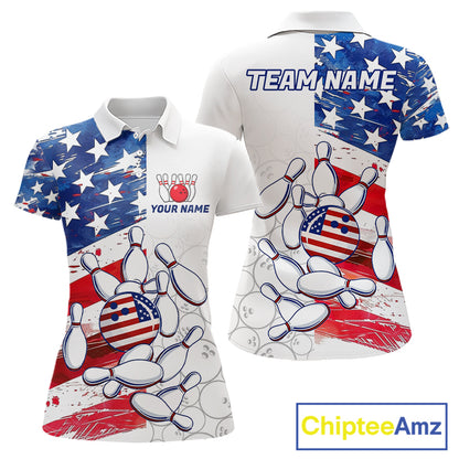 American Flag Patriotic Bowling Shirt For Women Custom Bowling Polo & Quarter Zip Team Shirts TDM6276