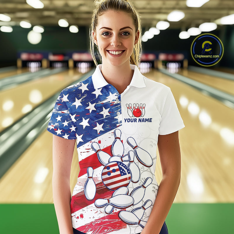 American Flag Patriotic Bowling Shirt For Women Custom Bowling Polo & Quarter Zip Team Shirts TDM6276