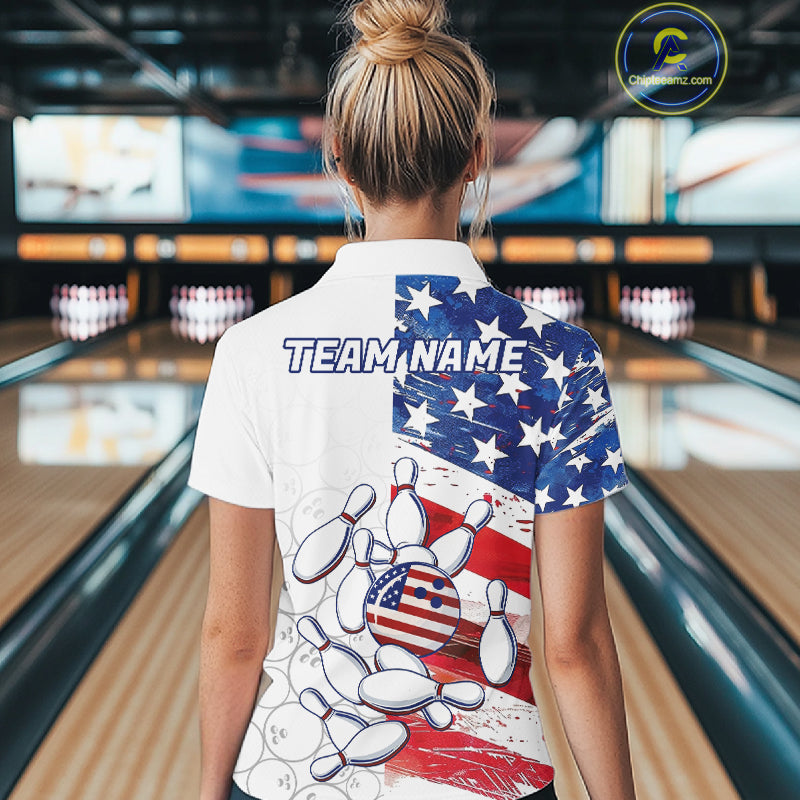 American Flag Patriotic Bowling Shirt For Women Custom Bowling Polo & Quarter Zip Team Shirts TDM6276