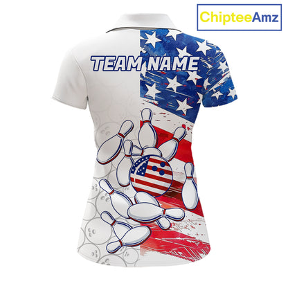 American Flag Patriotic Bowling Shirt For Women Custom Bowling Polo & Quarter Zip Team Shirts TDM6276