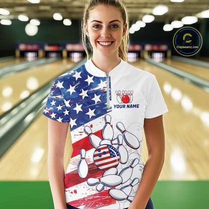 American Flag Patriotic Bowling Shirt For Women Custom Bowling Polo & Quarter Zip Team Shirts TDM6276