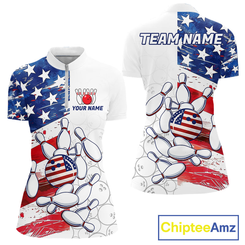 American Flag Patriotic Bowling Shirt For Women Custom Bowling Polo & Quarter Zip Team Shirts TDM6276