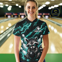 Load image into Gallery viewer, Woman wearing a turquoise neon lightning raccoon bowling quarter zip jersey during league competition front view.
