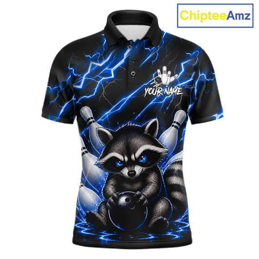 Blue neon lightning raccoon bowling polo shirt for men with custom bowling team graphics.