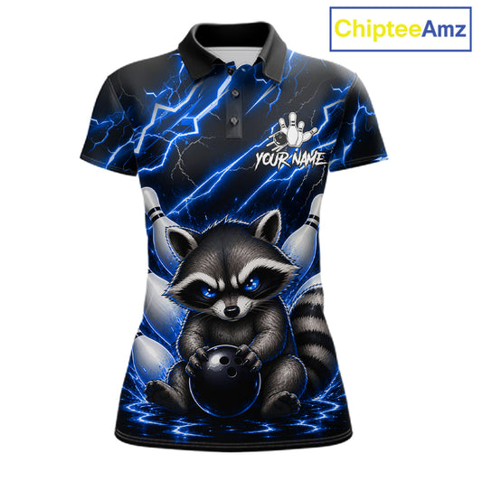Blue neon lightning raccoon bowling polo shirt for women with custom bowling team graphics.