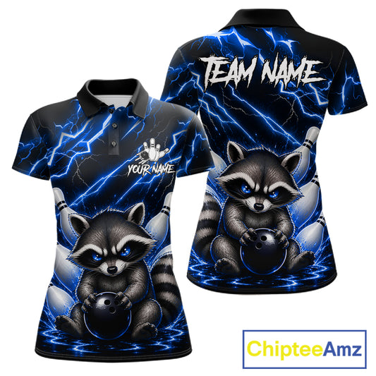 Blue neon lightning raccoon bowling polo shirt for women with custom bowling team graphics.