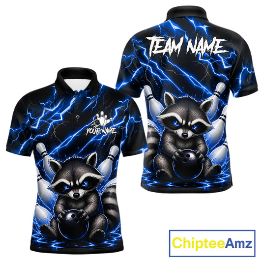 Blue neon lightning raccoon bowling polo shirt for men with custom bowling team graphics.