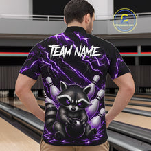 Load image into Gallery viewer, Back view of man wearing a purple neon lightning raccoon bowling quarter zip shirt in a bowling alley.