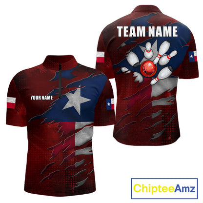 Retro Texas flag bowling quarter zip shirt for men designed for tournaments and league play.