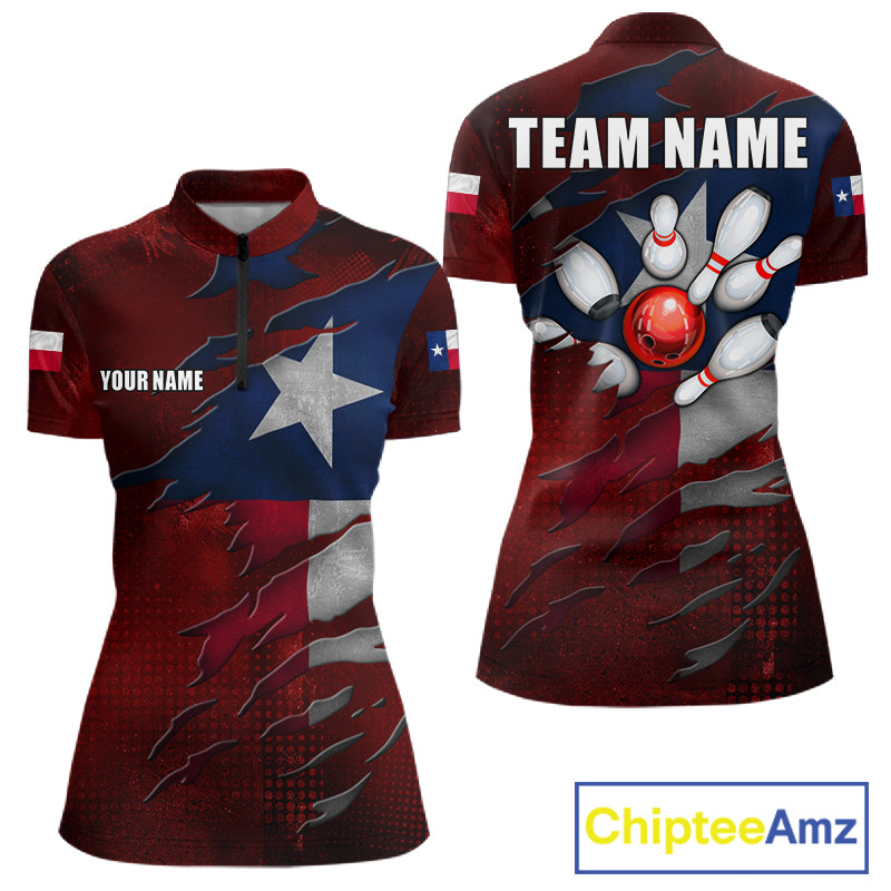Retro Texas flag bowling quarter zip shirt for women designed for tournaments and league play.