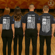 Load image into Gallery viewer, Back view of bowling team wearing matching patriotic Texas bowling shirts in a bowling alley.