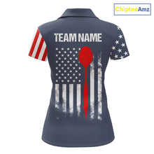 Load image into Gallery viewer, Personalized navy American flag patriotic darts team jersey polo shirt for women, custom darts league apparel and tournament jersey.