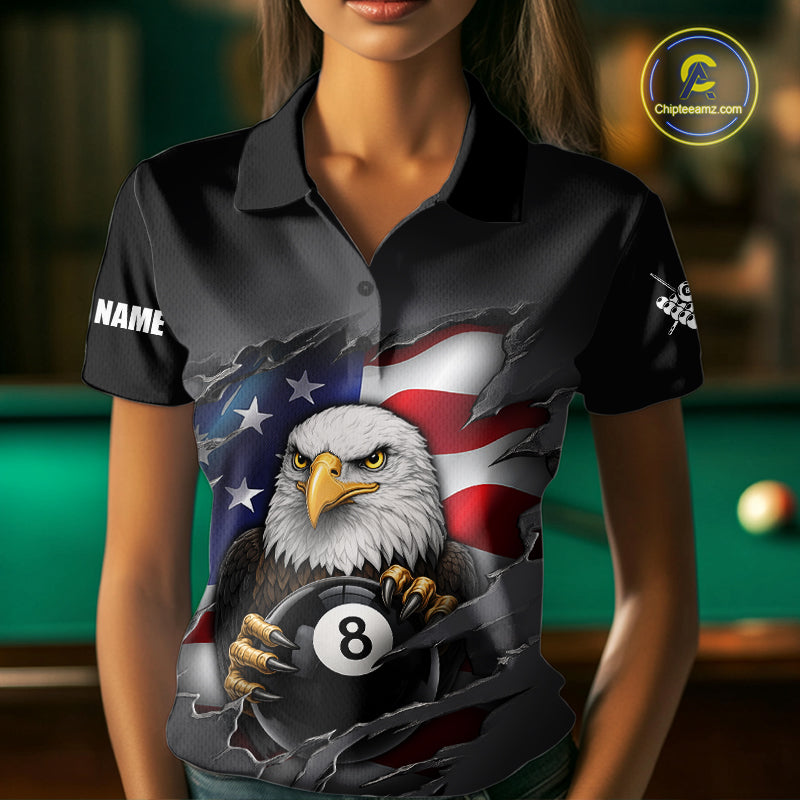 Grey American Flag Eagle 8 Ball Pool Billiard Shirts For Women Custom Patriotic Billiard Team Jersey TDM7169