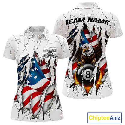Custom US Flag Eagle Fire 8 Ball Billiard Jersey For Women, White Grunge Patriotic Pool Team Shirt TDM7176