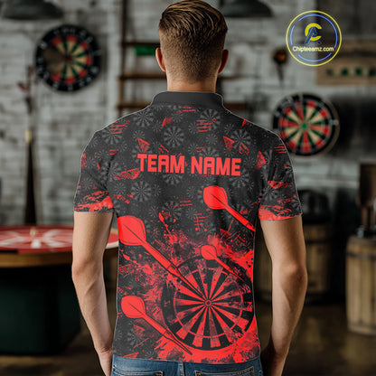 Black And Red Grunge Darts Polo, Quarter Zip For Men Custom Dart Shirts For Team, Dart Jerseys TDM5152