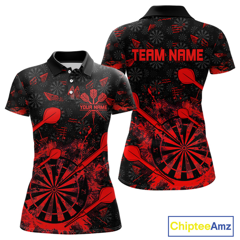 Black And Red Grunge Darts Polo, Quarter Zip For Women Custom Dart Shirts For Team, Dart Jerseys TDM5152