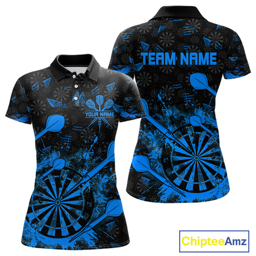 Black And Blue Grunge Darts Polo, Quarter Zip For Women Custom Dart Shirts For Team, Dart Jerseys TDM5153