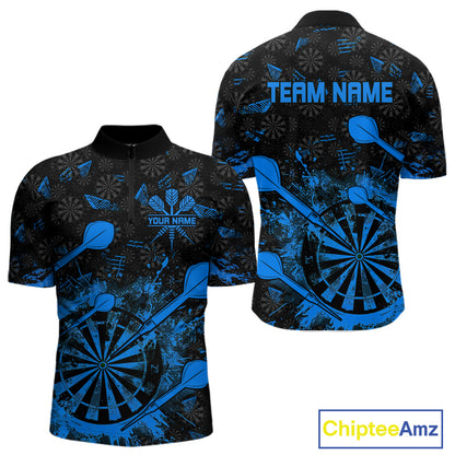 Black And Blue Grunge Darts Polo, Quarter Zip For Men Custom Dart Shirts For Team, Dart Jerseys TDM5153