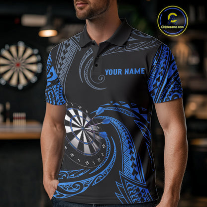 Personalized Blue Tribal Polynesian Mens Dart Shirts Custom Darts Polo & 1/4 Zip Team Jersey TDM5154
