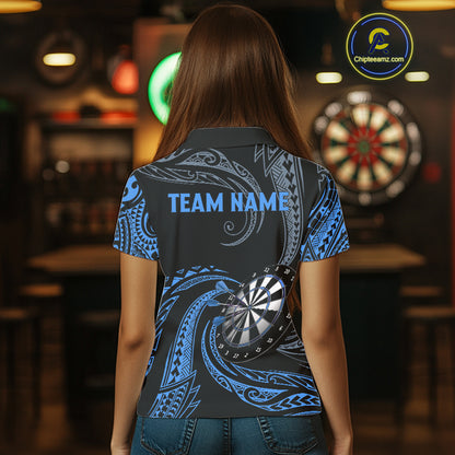 Personalized Blue Tribal Polynesian Womens Dart Shirts Custom Darts Polo & 1/4 Zip Team Jersey TDM5154