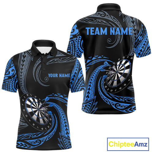 Personalized Blue Tribal Polynesian Mens Dart Shirts Custom Darts Polo & 1/4 Zip Team Jersey TDM5154