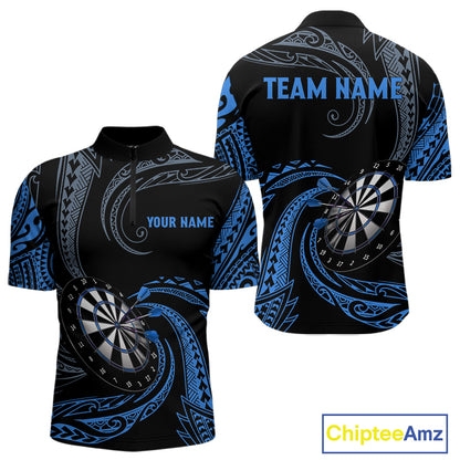 Personalized Blue Tribal Polynesian Mens Dart Shirts Custom Darts Polo & 1/4 Zip Team Jersey TDM5154