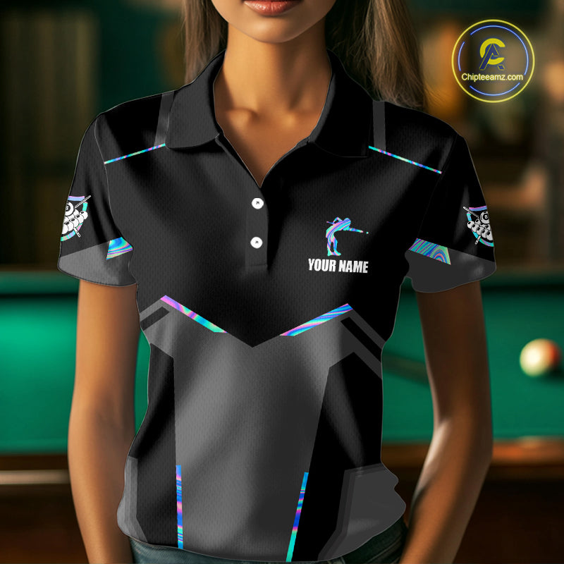 Holographic 8 Ball Billiard Jersey For Women Custom Polo & 1/4 Zip Billiard Shirts, Pool Team Shirt TDM5882
