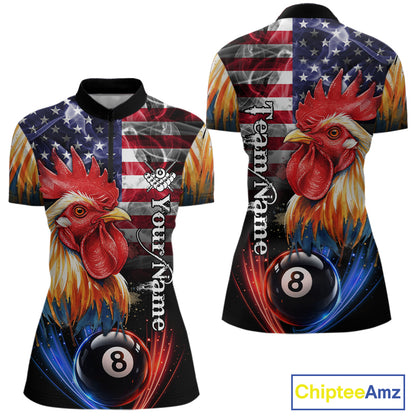 American Flag Smoke Rooster Billiard Shirt For Women Custom 8 Ball Pool Team Jersey Polo & 1/4 Zip TDM5883