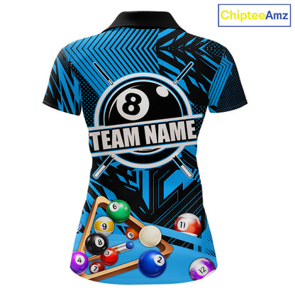 Blue 8 Ball Billiard Shirt For Women Custom Billiard Tournament Pool Team Jersey Polo & 1/4 Zip TDM6024