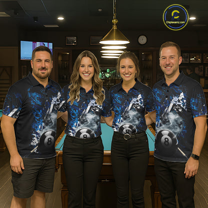 Custom Blue Camo 8 Ball Pool Smoke Billiard Shirt For Women, Billiard Team Jersey Polo & 1/4 Zip TDM6031