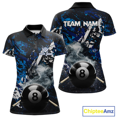 Custom Blue Camo 8 Ball Pool Smoke Billiard Shirt For Women, Billiard Team Jersey Polo & 1/4 Zip TDM6031