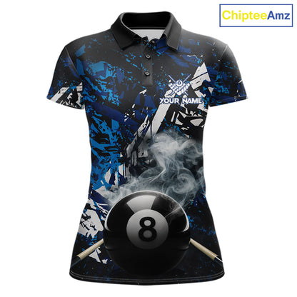 Custom Blue Camo 8 Ball Pool Smoke Billiard Shirt For Women, Billiard Team Jersey Polo & 1/4 Zip TDM6031
