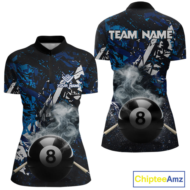 Custom Blue Camo 8 Ball Pool Smoke Billiard Shirt For Women, Billiard Team Jersey Polo & 1/4 Zip TDM6031