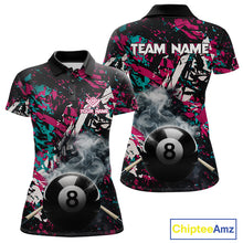 Load image into Gallery viewer, Custom Pink And Teal Camo 8 Ball Smoke Billiard Shirt For Women, Pool Team Jersey Polo &amp; 1/4 Zip TDM6033