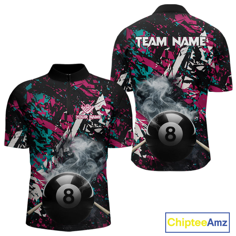 Custom Pink And Teal Camo 8 Ball Smoke Billiard Shirt For Men, Pool Team Jersey Polo & 1/4 Zip TDM6033