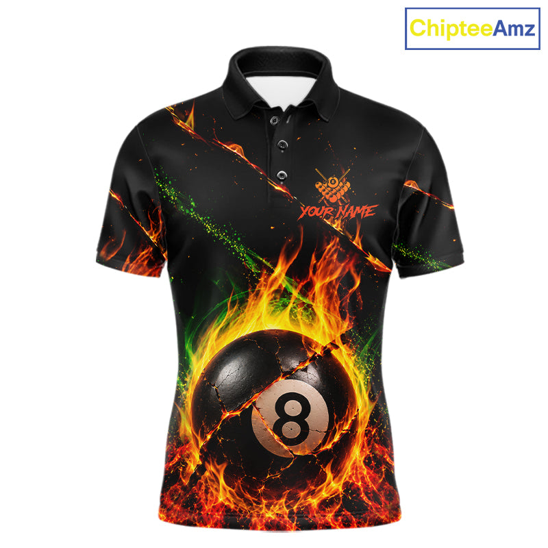 Crack fire flame 8 ball pool billiard polo shirt for men with custom team graphics.