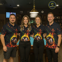 Load image into Gallery viewer, Pool team wearing matching crack fire flame 8 ball billiard jerseys during league matches front view.