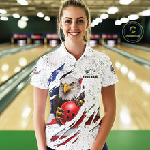 Load image into Gallery viewer, Woman wearing a white grunge American flag eagle bowling polo shirt at a bowling alley front view.