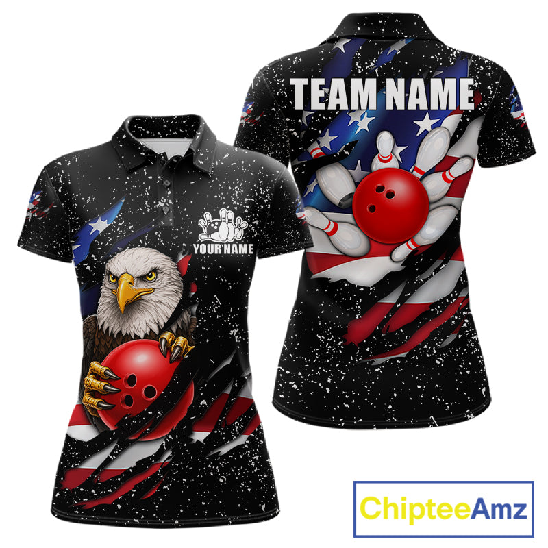 Black grunge American flag eagle bowling polo shirt for women with patriotic team graphics.