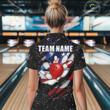 Load image into Gallery viewer, Back view of woman wearing a black grunge American flag eagle bowling polo shirt inside a bowling alley.