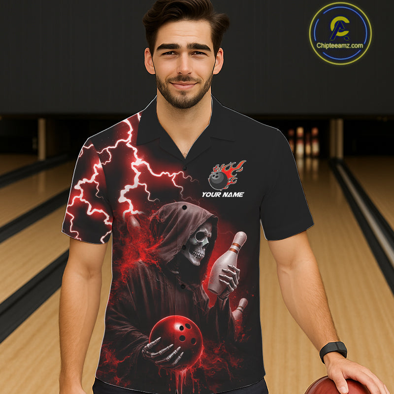 Man wearing red grim reaper thunder lightning bowling Hawaiian shirt front view.