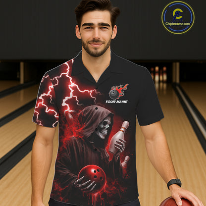 Man wearing red grim reaper thunder lightning bowling Hawaiian shirt front view.
