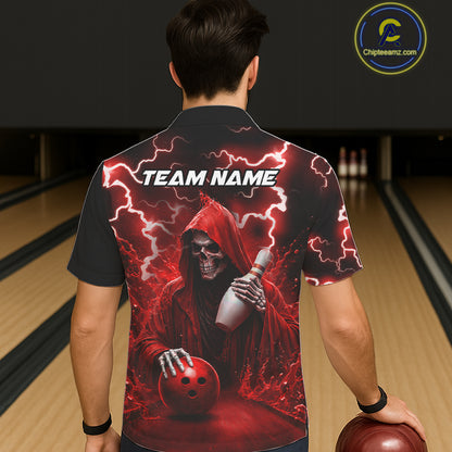Man wearing red grim reaper thunder lightning bowling Hawaiian shirt back view.