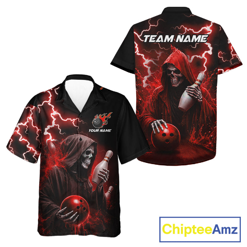Red grim reaper thunder lightning bowling Hawaiian shirt front and back view for men and women, custom bowling league aloha shirt with skull and red lightning artwork.
